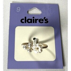 Claire's Gold-Tone Faux Pearl Flower Ring Sz 9 NWT